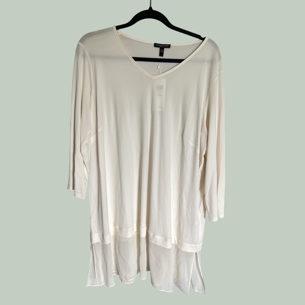 Eileen Fisher Sheer Tunic SZ 1X Cream 100% Silk Minimalist Coastal Lagenlook NWT